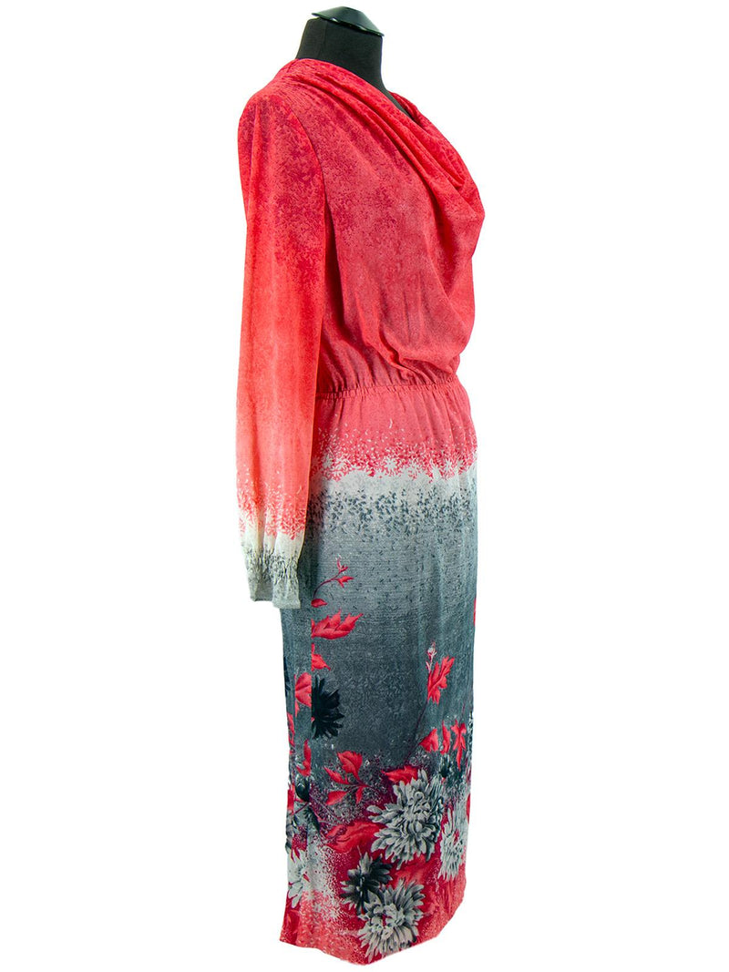 Vintage Coral & Grey Floral Cowl Neck Dress