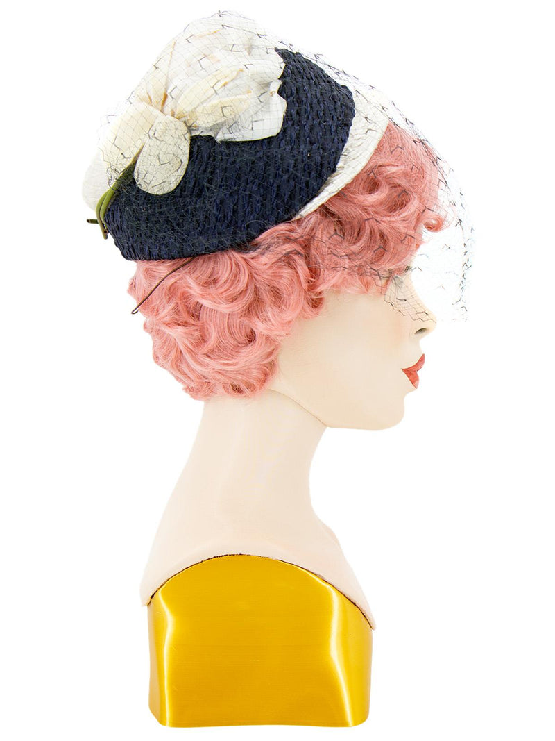 Navy Blue & Cream Woven 1950s Vintage Hat