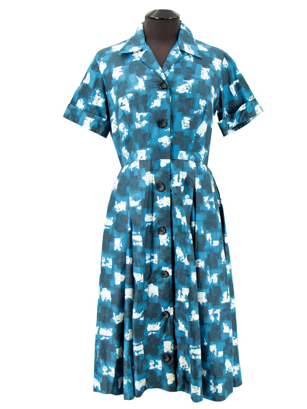 1950s Vintage Teal Abstract Cotton Tea Dress