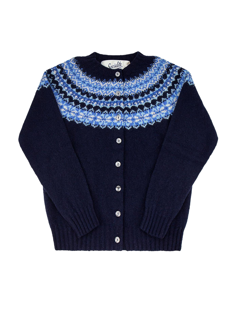 1940s Style Pure Wool Fairisle Cardigan in Navy Blue