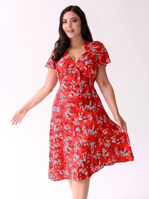 1940s Look Red & Black Floral Tea Dress