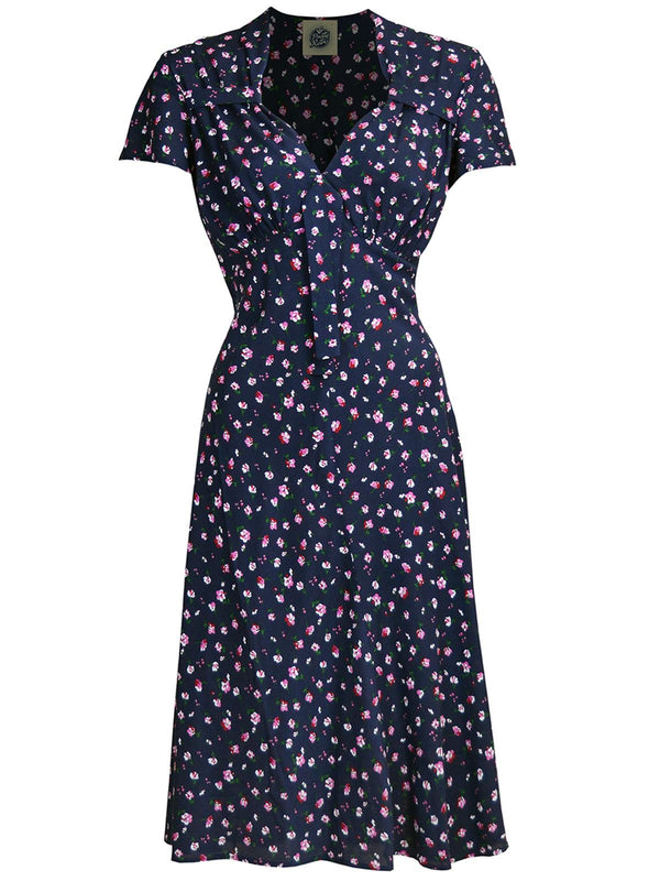 1940s Look Navy & Pink Ditsy Floral Tea Dress