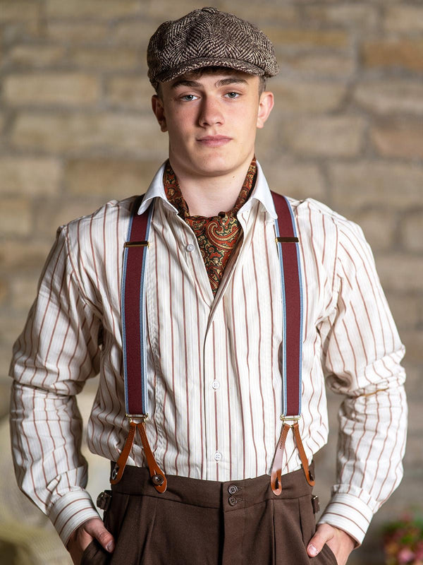 Maroon Border Stripe 1940s Style Braces with Leather Loops