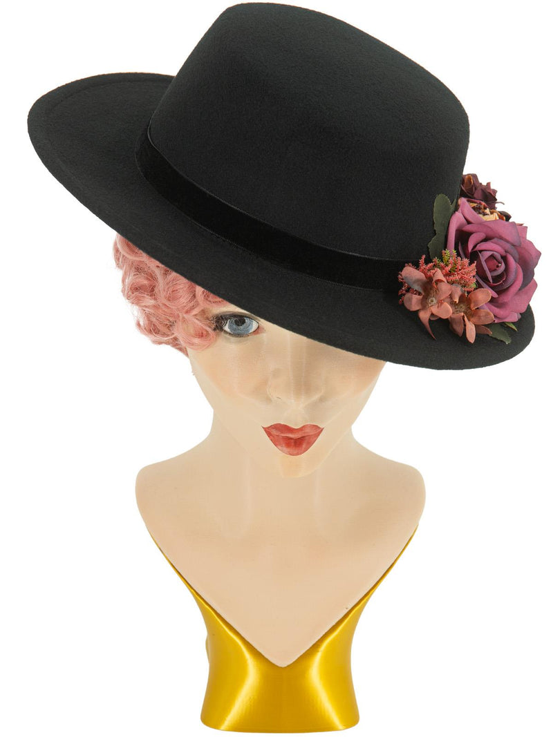 Black Felt Vintage Style Hat Floral Trim