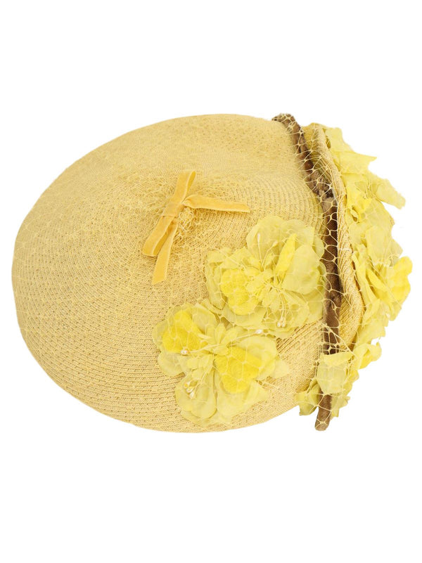 Yellow Floral Decor Straw 50s Vintage Hat