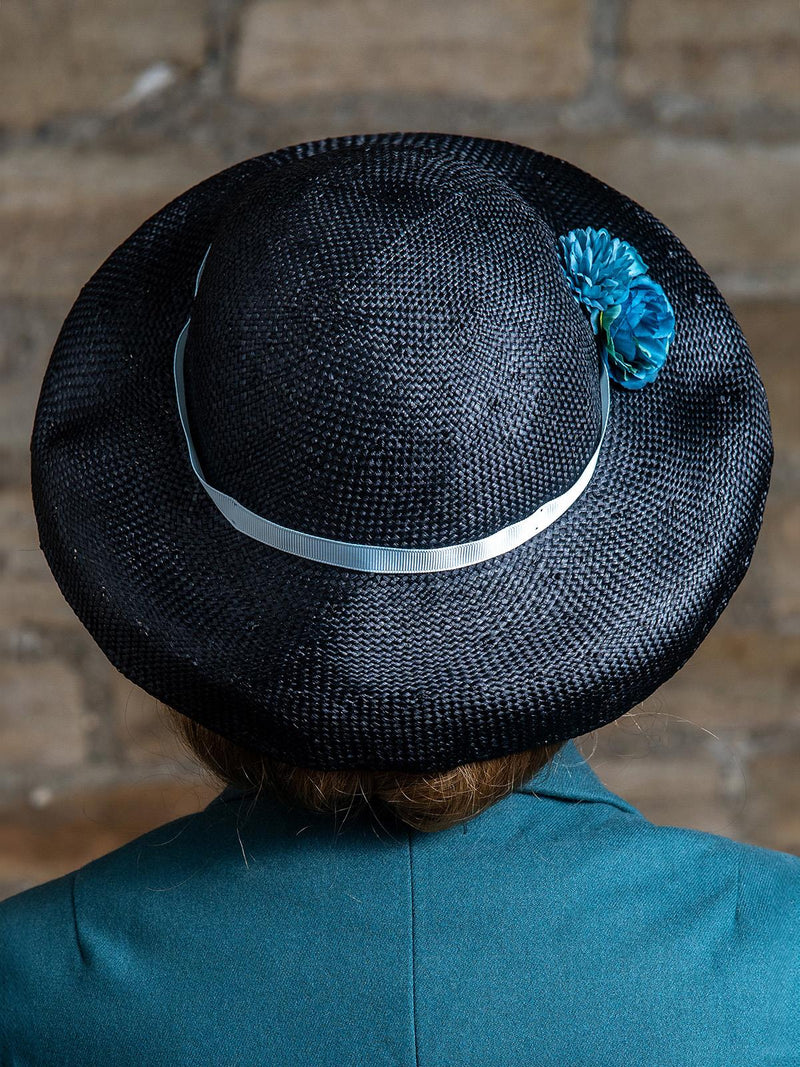 Black 1940s Vintage Style Floral Trim Mushroom Hat