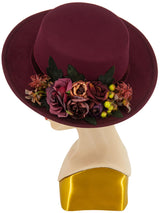 Felt Vintage Style Hat Floral Trim  In Burgundy