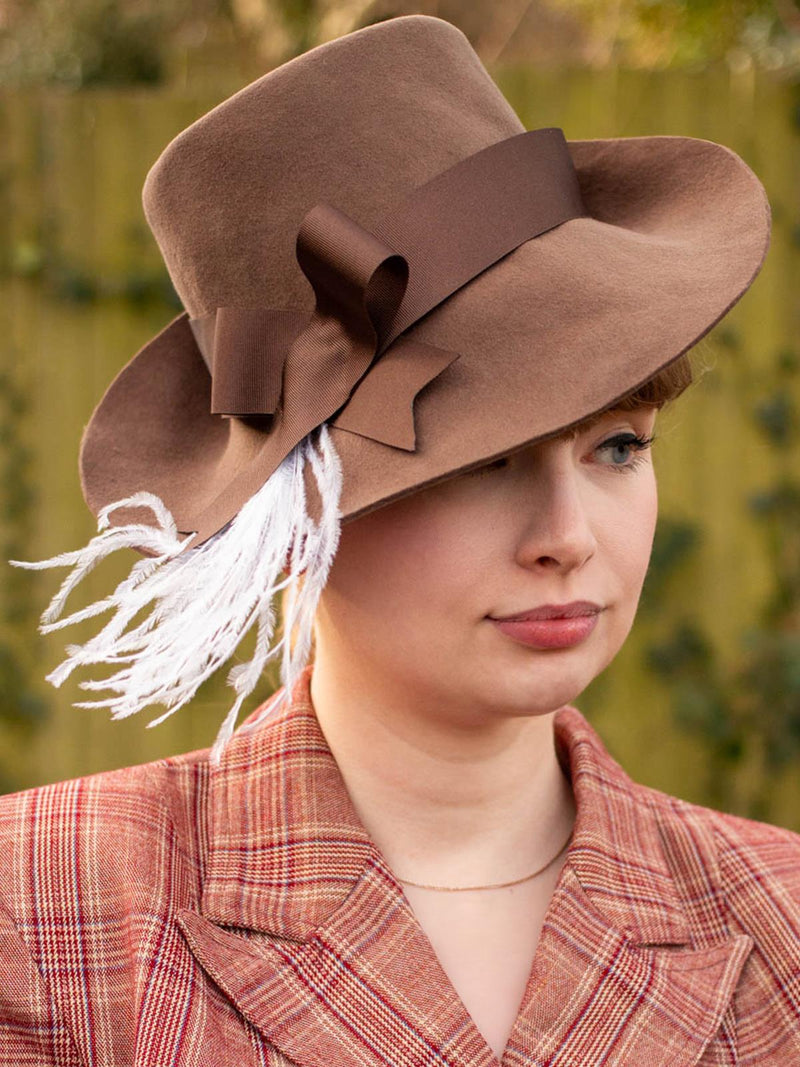 Brown 1940s Look Trilby Feather Hat