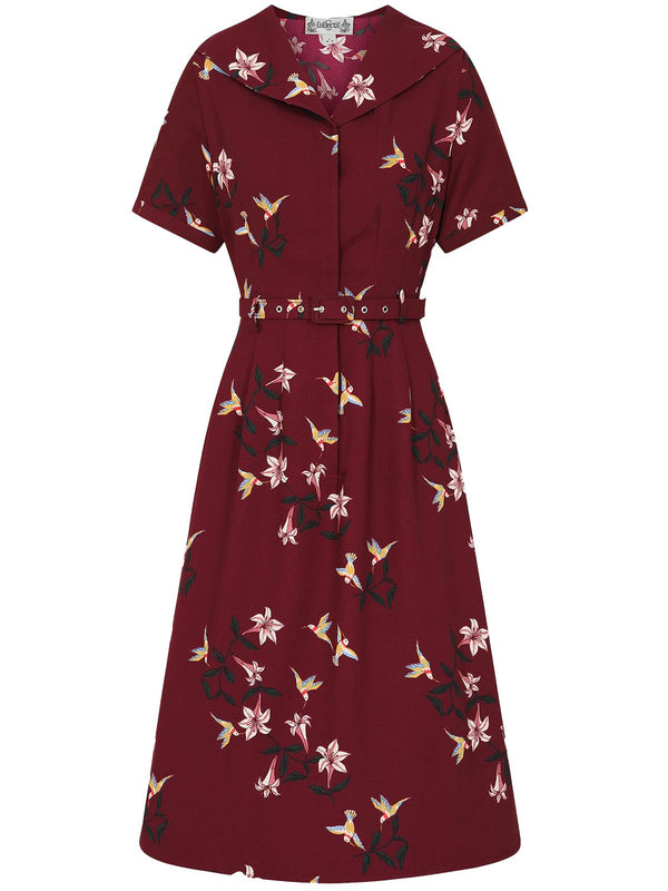 Vintage Style Wine Red Hummingbird Print Dress