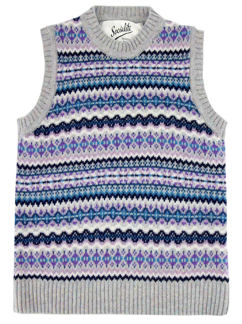 Pure Scottish Wool Fairisle Knit Tank Top in Iris Grey