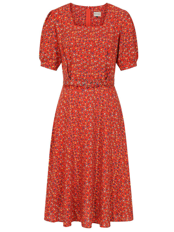 1940s Look Red Ditsy Floral Tea Dress