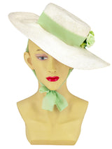 White 1940s Straw Boater Picture Hat Floral Trim