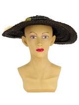 Vintage 1940s Black Floral Straw Hat