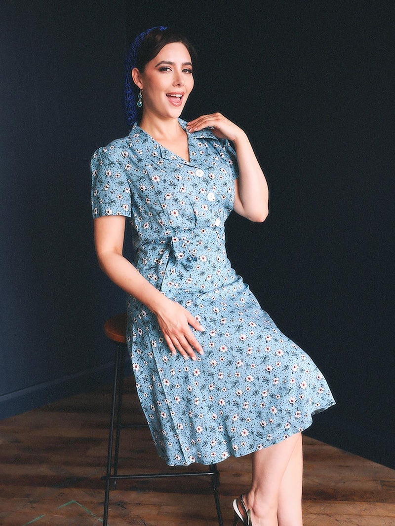 1940s Inspired Blue Ditsy Floral Shirt Dress