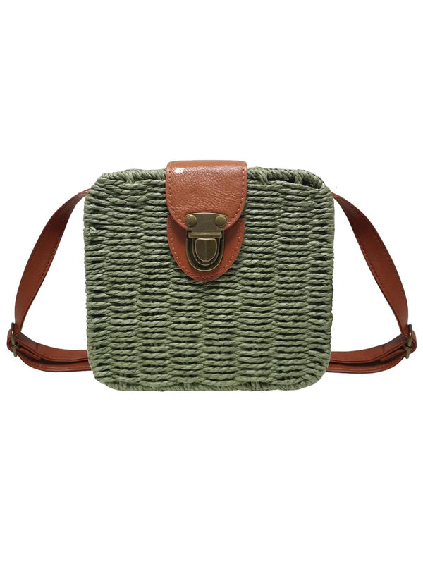 Vintage Style Square Green Straw Cross Body Bag