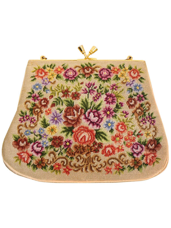 Beige Vintage Floral Petit Point Small Bag