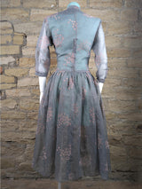 1950s Vintage Flocked Sheer Grey Occasion Dress