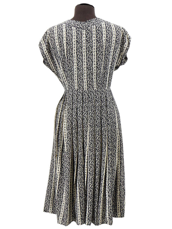 1940s Vintage Black & Cream Print Rayon Dress