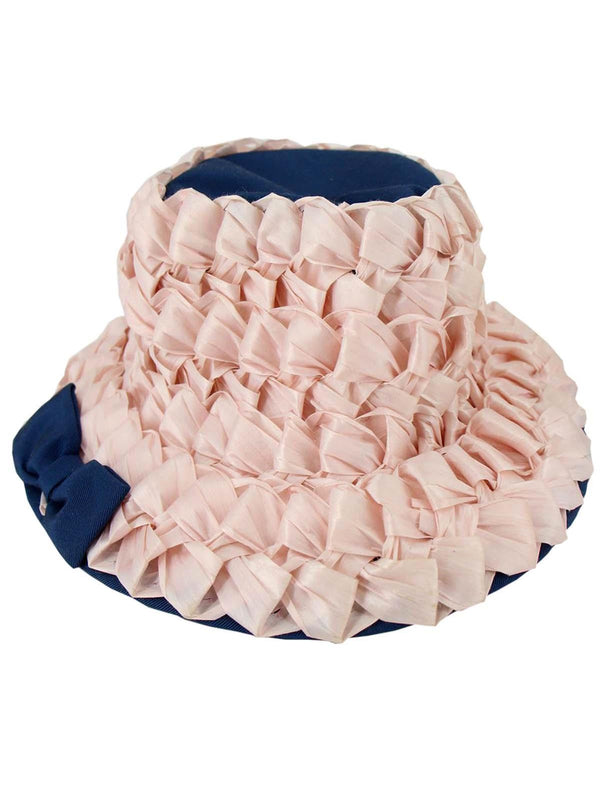 1960s Vintage Pink Raffia Detail Blue Hat