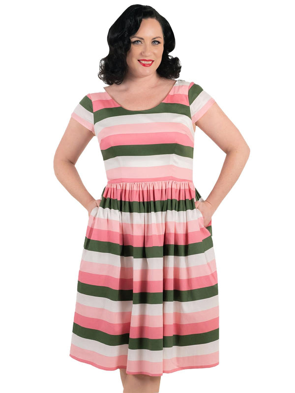 Vintage Style Pink and Green Stripe Retro Dress