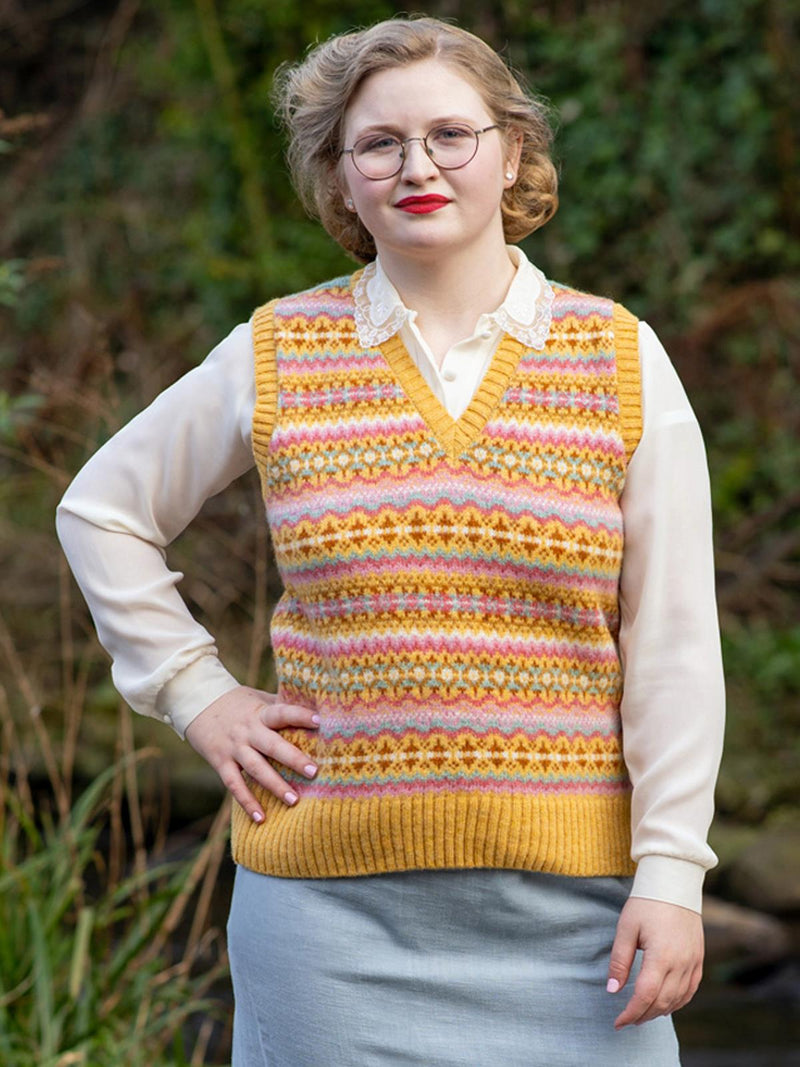 Pure Scottish Wool Fairisle Knit Tank Top in Gala Yellow