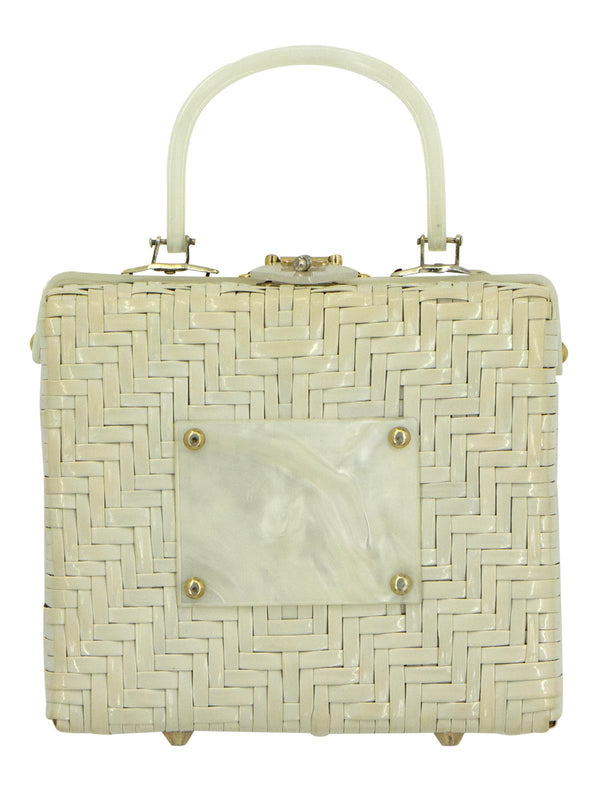 Small Ivory Vintage 1950s Basket Woven Box Bag