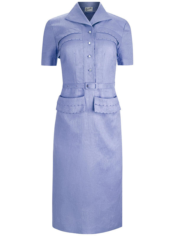 1940s Vintage Spirit Linen Dress in Cornflower Blue