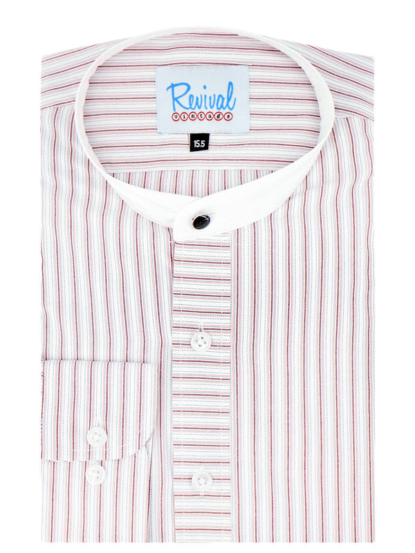 1940s Collarless Grandad Shirt - Red Orton Stripe