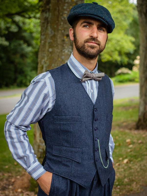 Vintage Style Blue Flecked Herringbone Newsboy Cap