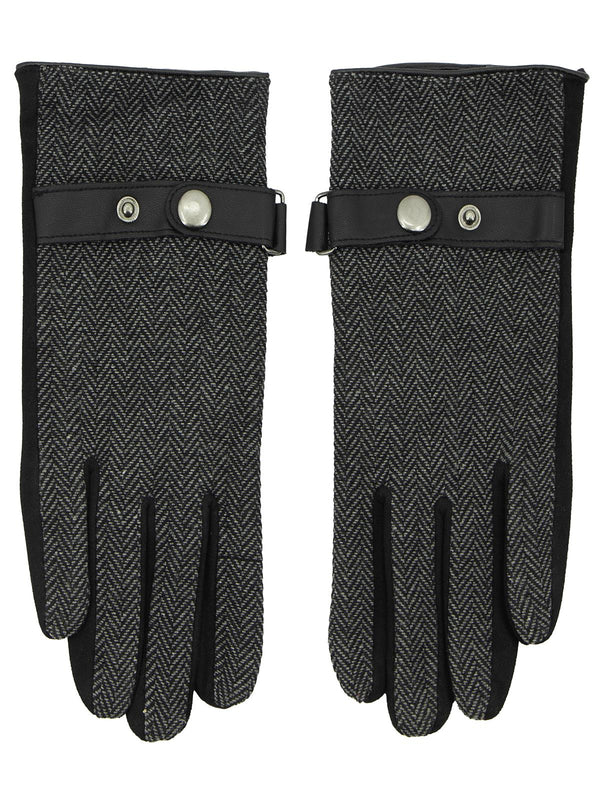 Genuine Leather & Grey Wool Herringbone Gloves