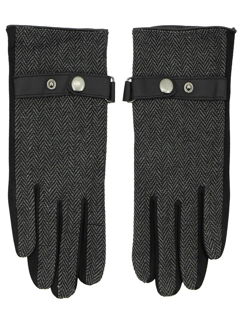 Genuine Leather & Grey Wool Herringbone Gloves