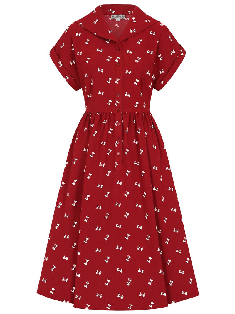Bow Print Vintage Style Red Shirtwaist Dress