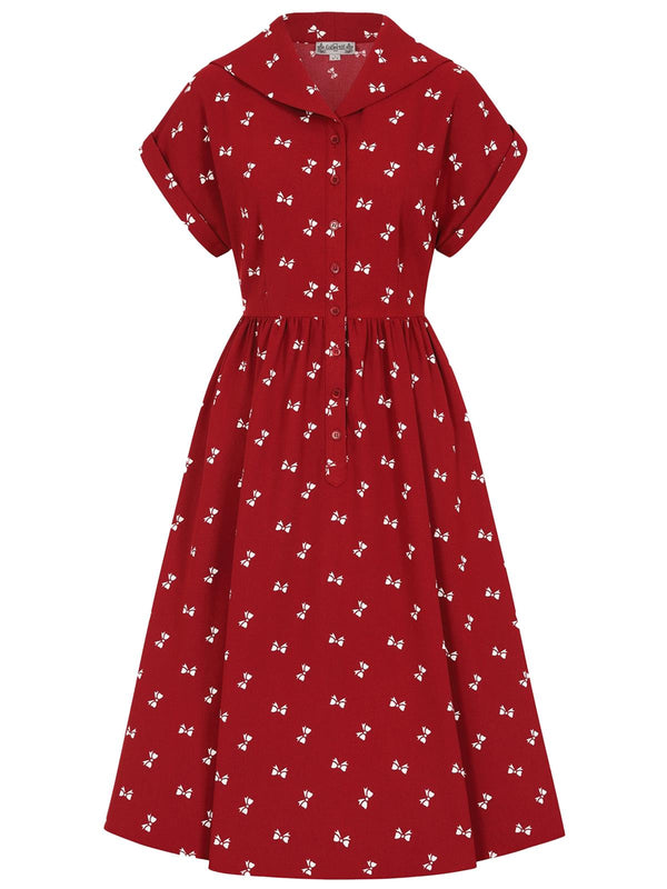 Bow Print Vintage Style Red Shirtwaist Dress