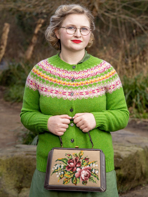 1940s Style Pure Wool Fairisle Cardigan in Garden Green