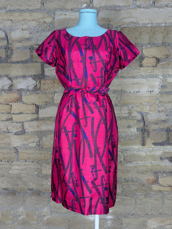 True Vintage Fuchsias Pink Belted Silk Dress