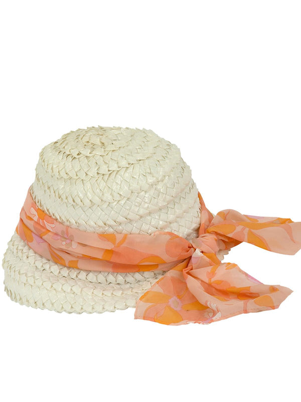 White Raffia 1960s Vintage Hat With Sash