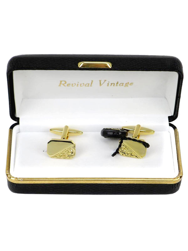 Vintage Look Engraved Corner Gold Cufflinks