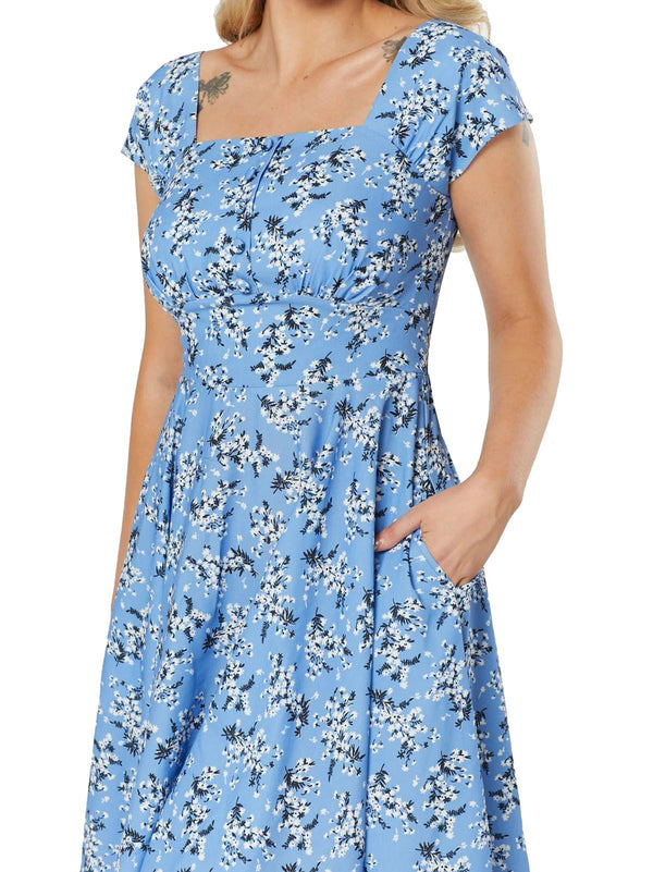 Vintage Style Cornflower Blue Floral Swing Dress