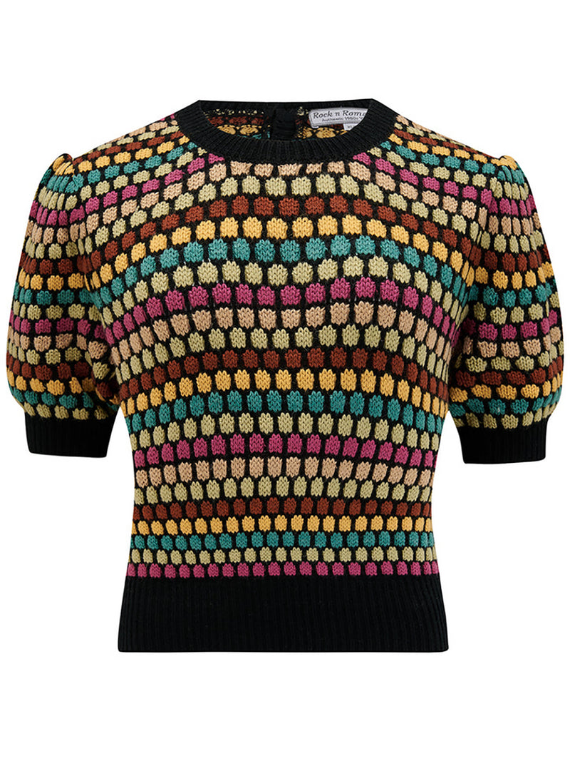 Multicoloured Vintage Style Cropped Knit Top