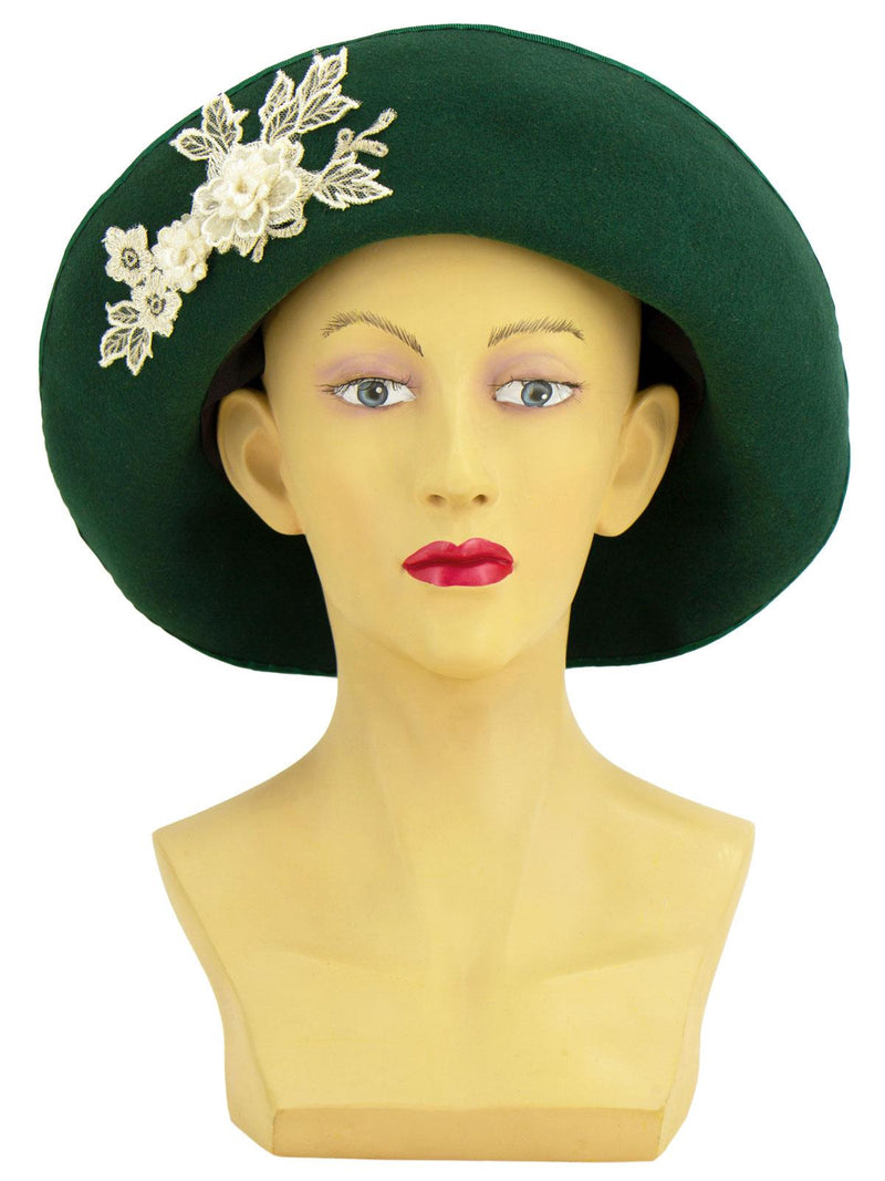 Green Floral Applique 1940s Vintage Style Halo Hat