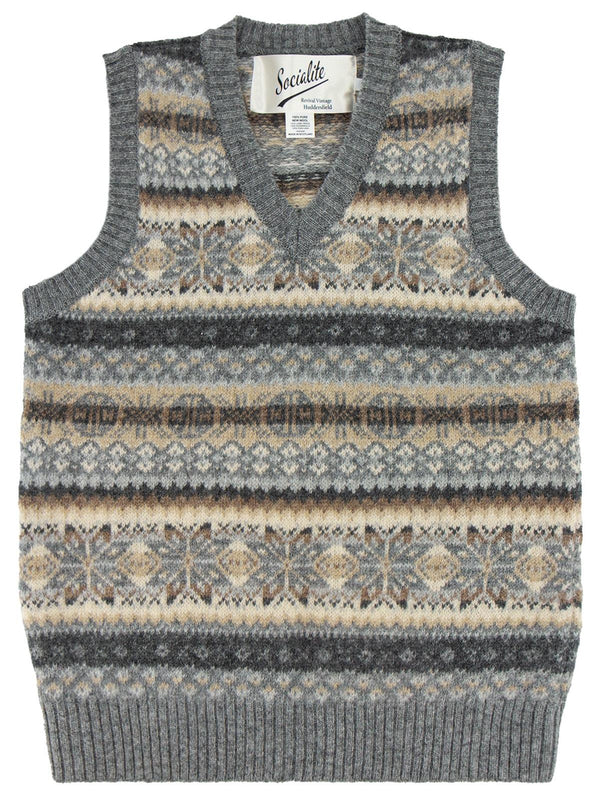 Vintage Style Shetland Wool Fair Isle Vest in Pebble Grey