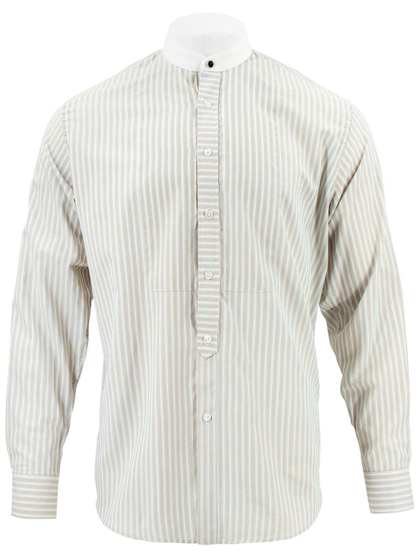 1940s Collarless Grandad Shirt - Brown Orton Stripe