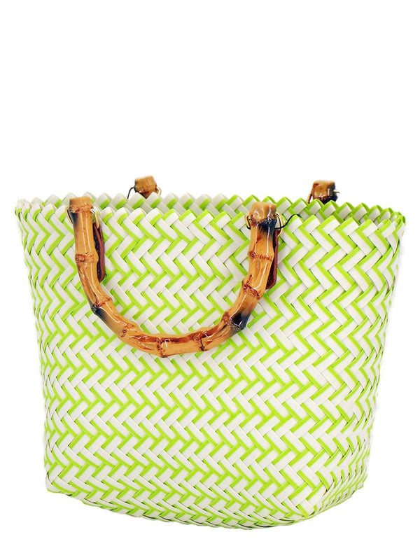 Green & White Straw Basket Bag with Bamboo Handle