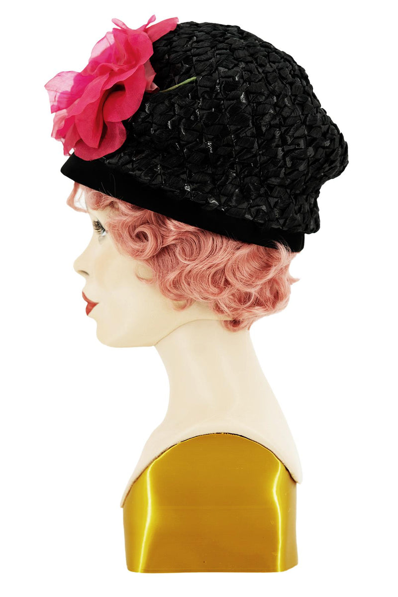 Black Raffia Pink Flower 1960s Vintage Hat