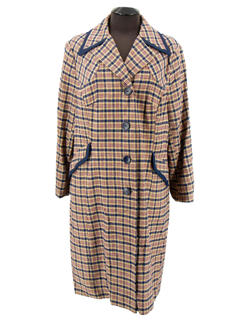 Vintage Wool Mix Beige & Blue Check Midi Coat