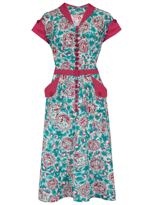 Cameo Print Vintage 1950s Style Buttoned Dress
