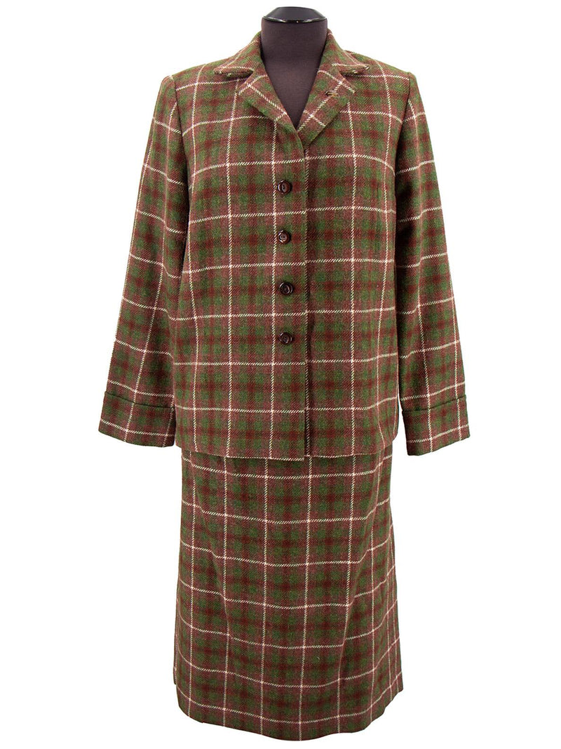 Vintage 1950s Green & Brown Check Wool Skirt Suit