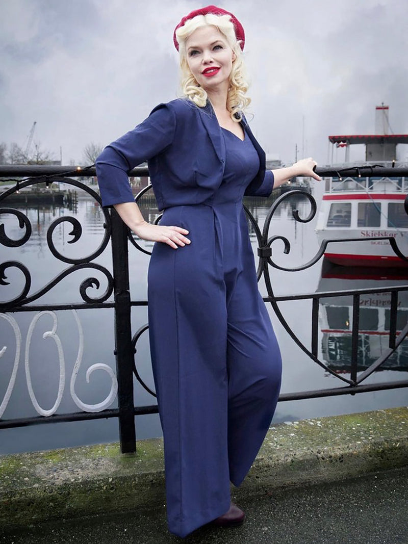 Navy Blue Vintage Style Palazzo Jumpsuit & Bolero Set