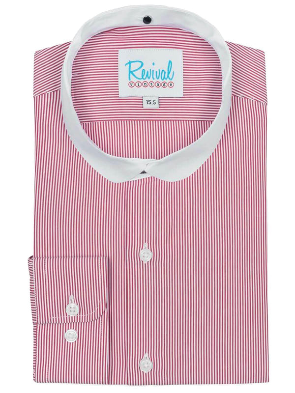 Red Stripe Collarless Grandad Shirt with Detachable Club Collar