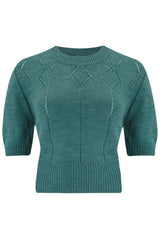 Teal Green Vintage Style Cropped Diamond Knit Top